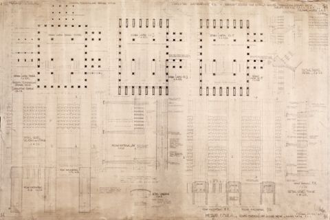 #14 Mesdjid Istiqlal. Gedung pendahuluan gedung induk lanjutan gambar no. 13. Gambar2 denah dan detail gedung pendahuluan gedung induk [skala] 1A100, [skala] 1A20, [skala] 1A1
