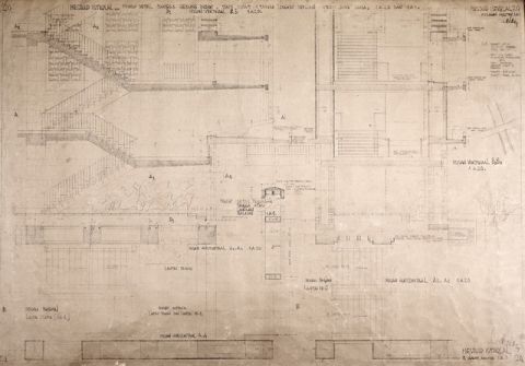 #20 Mesdjid Istiqlal. Prinsip detail tangga gedung induk. Tiap2 sudut: 1 tangga lengkap dengan sisteem jang sama. [skala] 1A20 dan [skala] 1A10