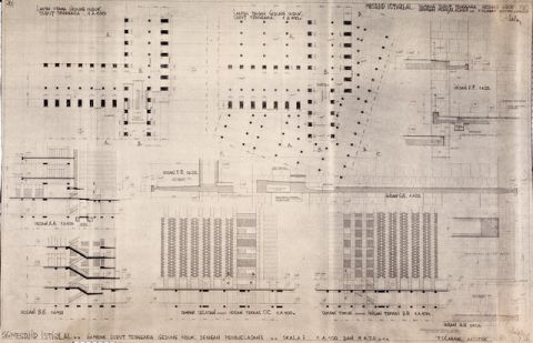 #26 Mesdjid Istiqlal. Gambar sudut tenggara gedung induk dengan penjelasan2. Skala 1A100 dan 1A20