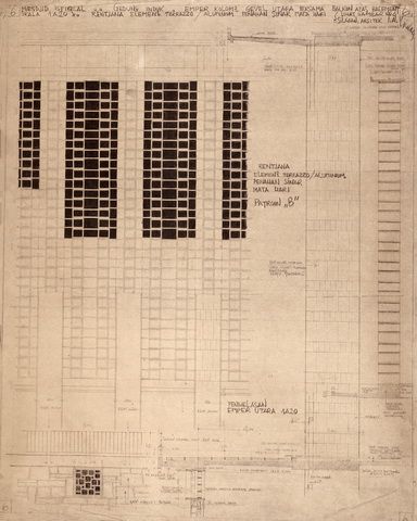 #06 Mesdjid Istiqlal. Gedung Induk. Emper kolom2 gevel utara bersama balkon atas basement. Skala 1A20. Rentjana elemen2 terrazzo  aluminium penahan sinar matahari (lihat gambar no. 4)