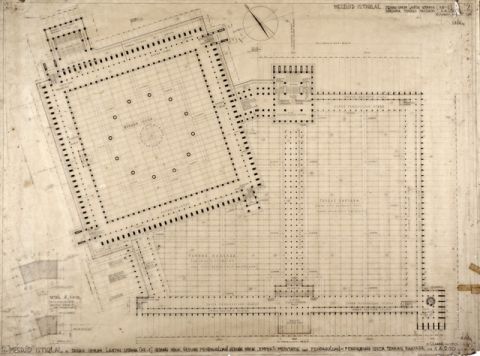 #02 Mesdjid Istiqlal. Denah Umum Lantai Utama (ke-1) Gedung Induk. Gedung Pendahuluan Gedung Induk, Emper2 Meditatie dan Pendahuluan - Penghubung serta Terras Raksasa [skala] 1A200