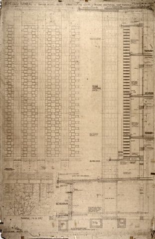 #10 Mesdjid Istiqlal. Gambar detail gevel Utara gedung induk. Irisan Vertikaal dan tampak [skala] 1A20