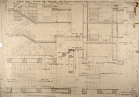 #20 Mesdjid Istiqlal. Prinsip detail tangga gedung induk. Tiap2 sudut: 1 tangga lengkap dengan sisteem jang sama. [skala] 1A20 dan [skala] 1A10