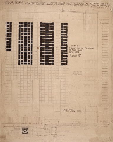 #06 Mesdjid Istiqlal. Gedung Induk. Emper kolom2 gevel utara bersama balkon atas basement. Skala 1A20. Rentjana elemen2 terrazzo  aluminium penahan sinar matahari (lihat gambar no. 4)